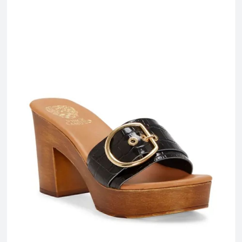 Vince Camuto Black Croc-Embossed Platform Slide with Gold Buckle Accent